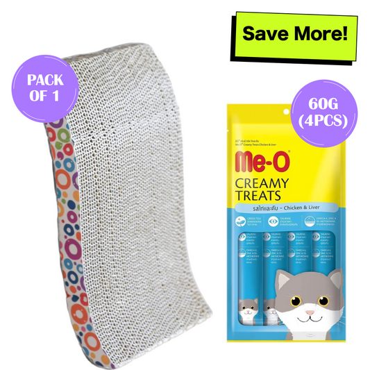 Me O Creamy Chicken & Liver Treats with Skatrs Wave Cat Scratcher & 2g Premium Catnip Combo