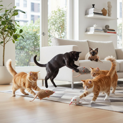 Multiple cats playing with mouse toys