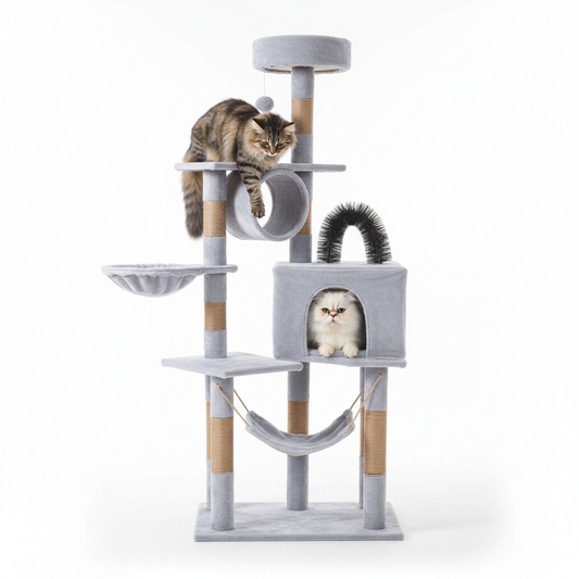 Multi-Level Cat Tower for Large Cats - Gray & White Cat Tree with Hideaways & Scratching Posts