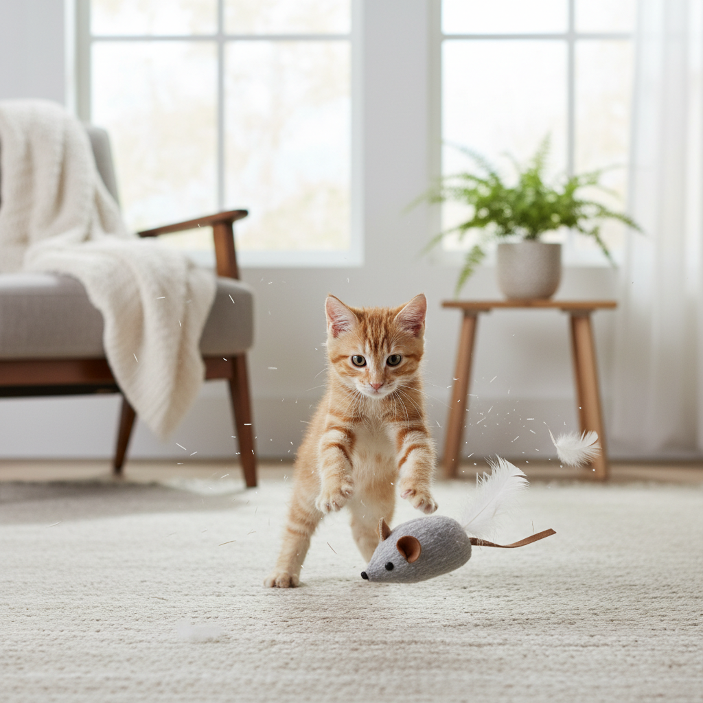 Kitten pouncing on mouse toy